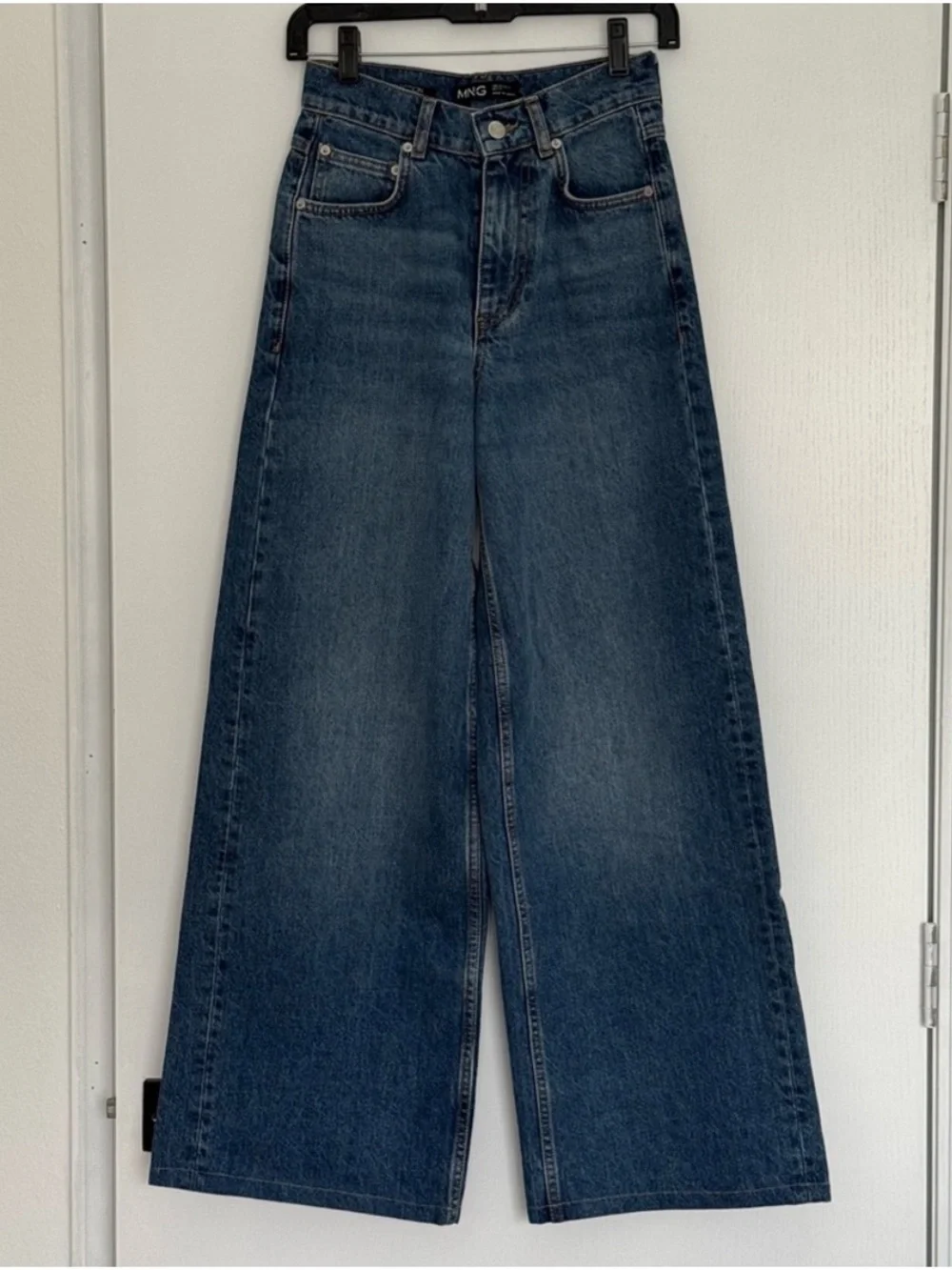 Mango High-Rise Flared Wide-Leg Jeans in Blue Denim - Picture 1 of 4